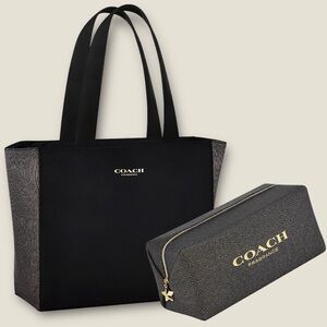 Black-Gray Sparkly Coach Beauty Satin Shoulder-Tote Bag + Cosmetic Bag SET